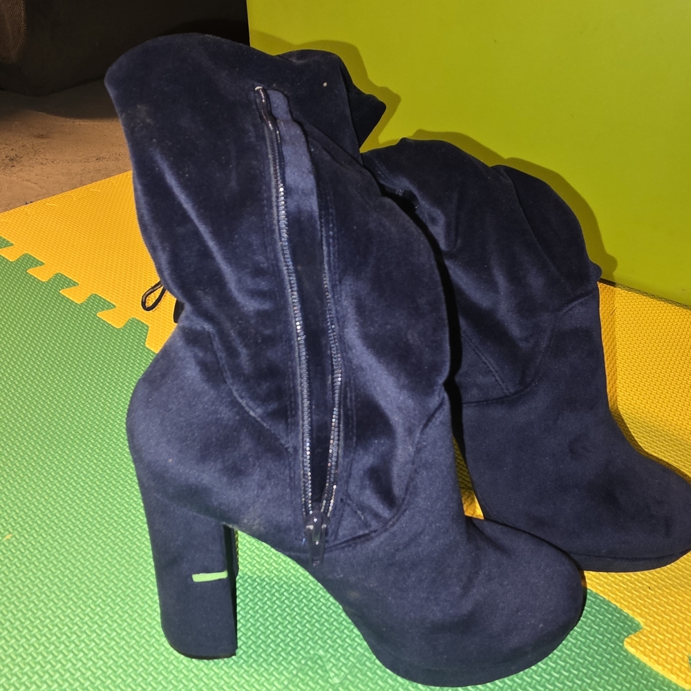 Blue Velvet Chunky Heeled Thigh High Boots "Call It Spring" "Valerana" - Picture 2 of 6